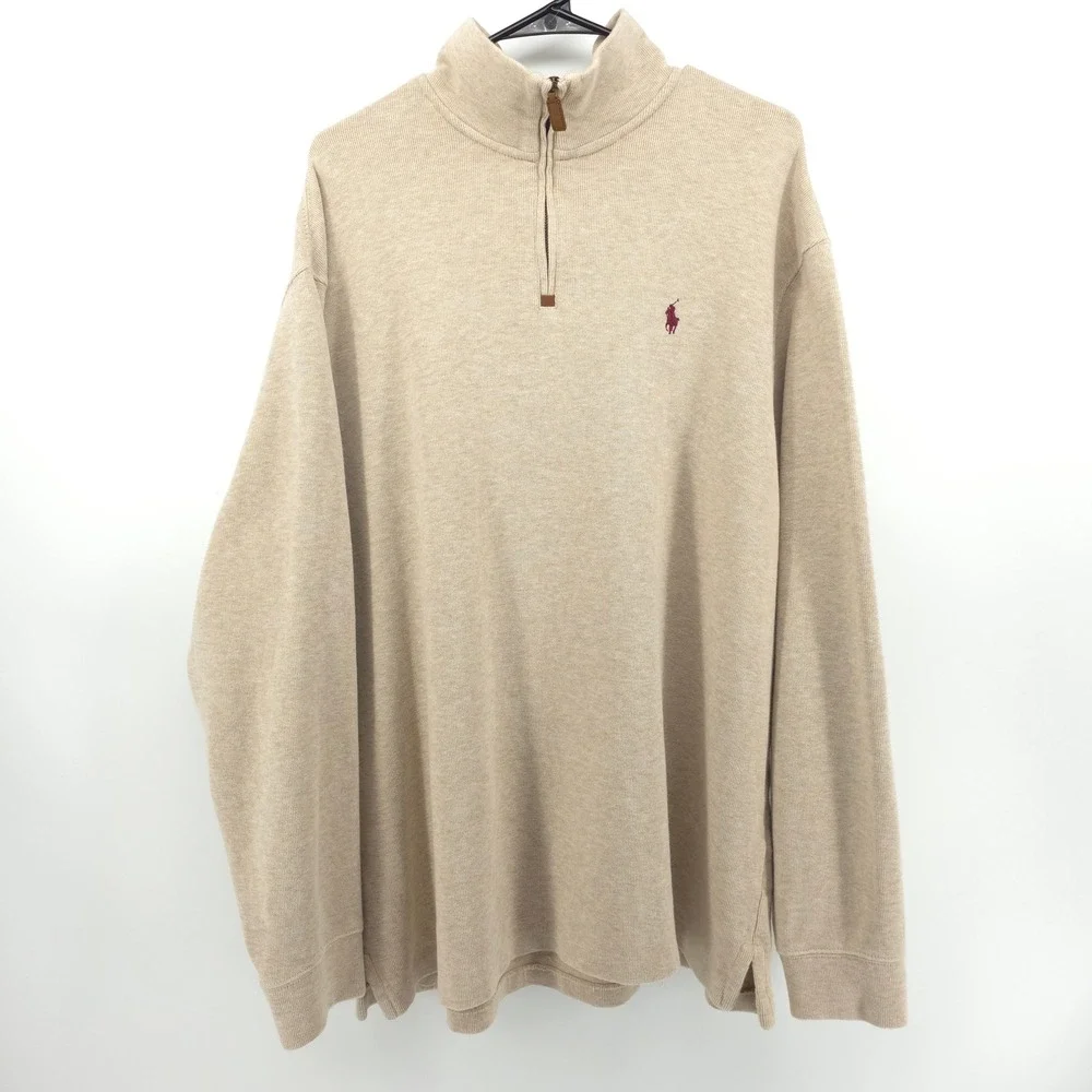 Polo Ralph Lauren Mens Quarter Zip Pullover XXL Beige Cotton Sweater Pony Logo
